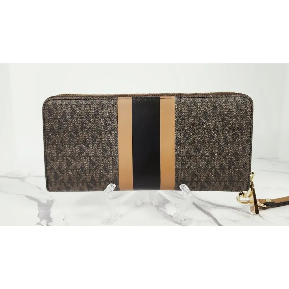 Michael Kors Jet Set Travel Continental Wristlet Wallet Brown Acorn Stripe
